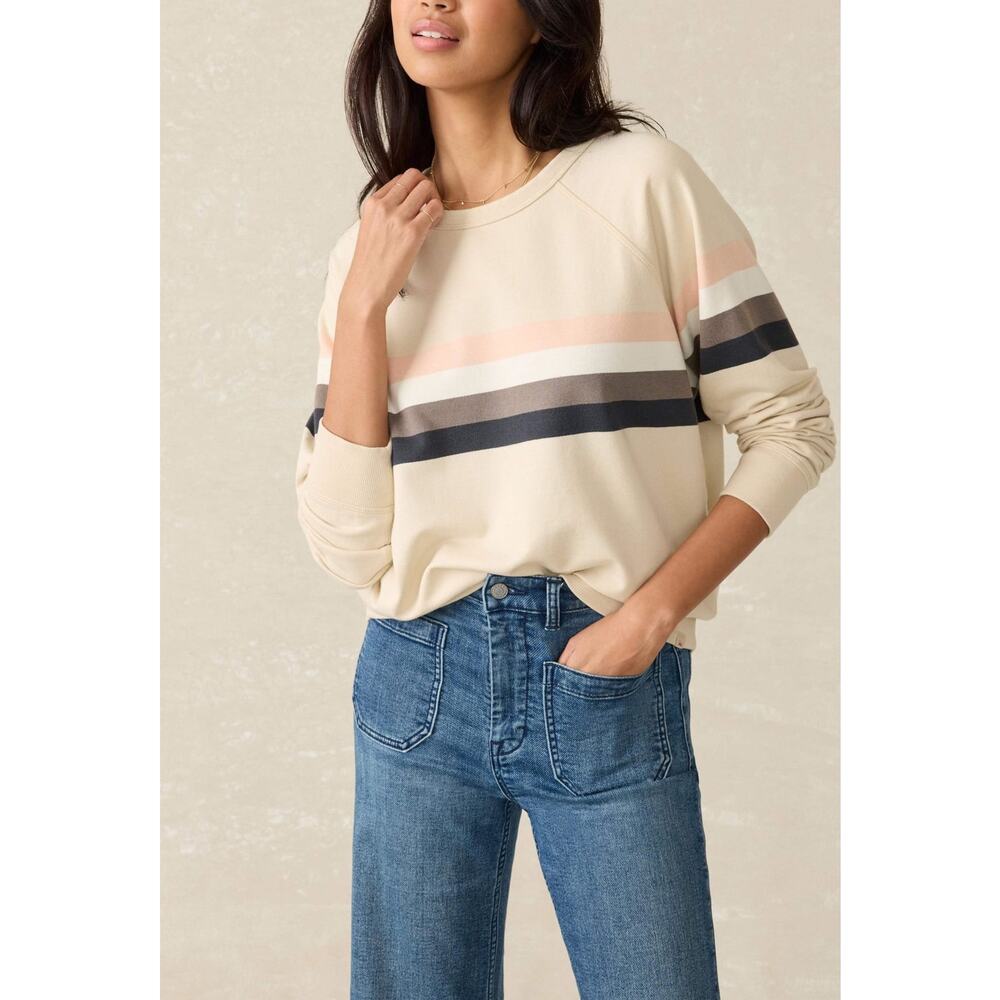 Faherty Coastal Cloud Cotton Crew Sweatshirt Sandbar Stripe M